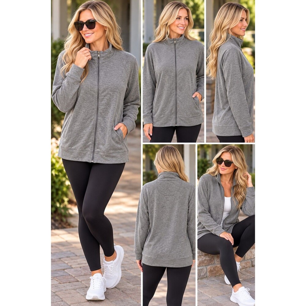 Womens PXL Croft And Barrow Zip Up Top Jacket Sweatshirt Pockets Gray